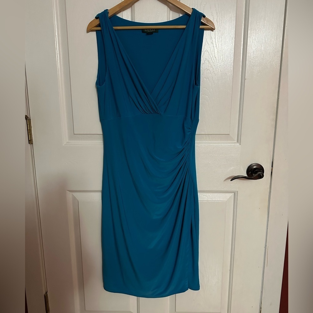 Lauren aqua dress, sleeveless, v neckline with ruching form fitting, size 14